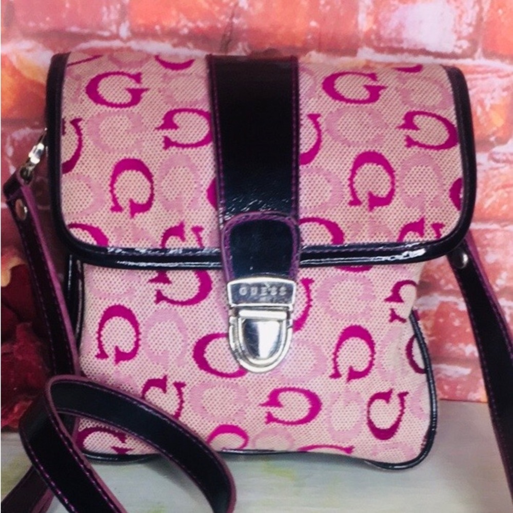 Vintage Y2K Guess  Pink Logo-Pattern Crossbody Bag